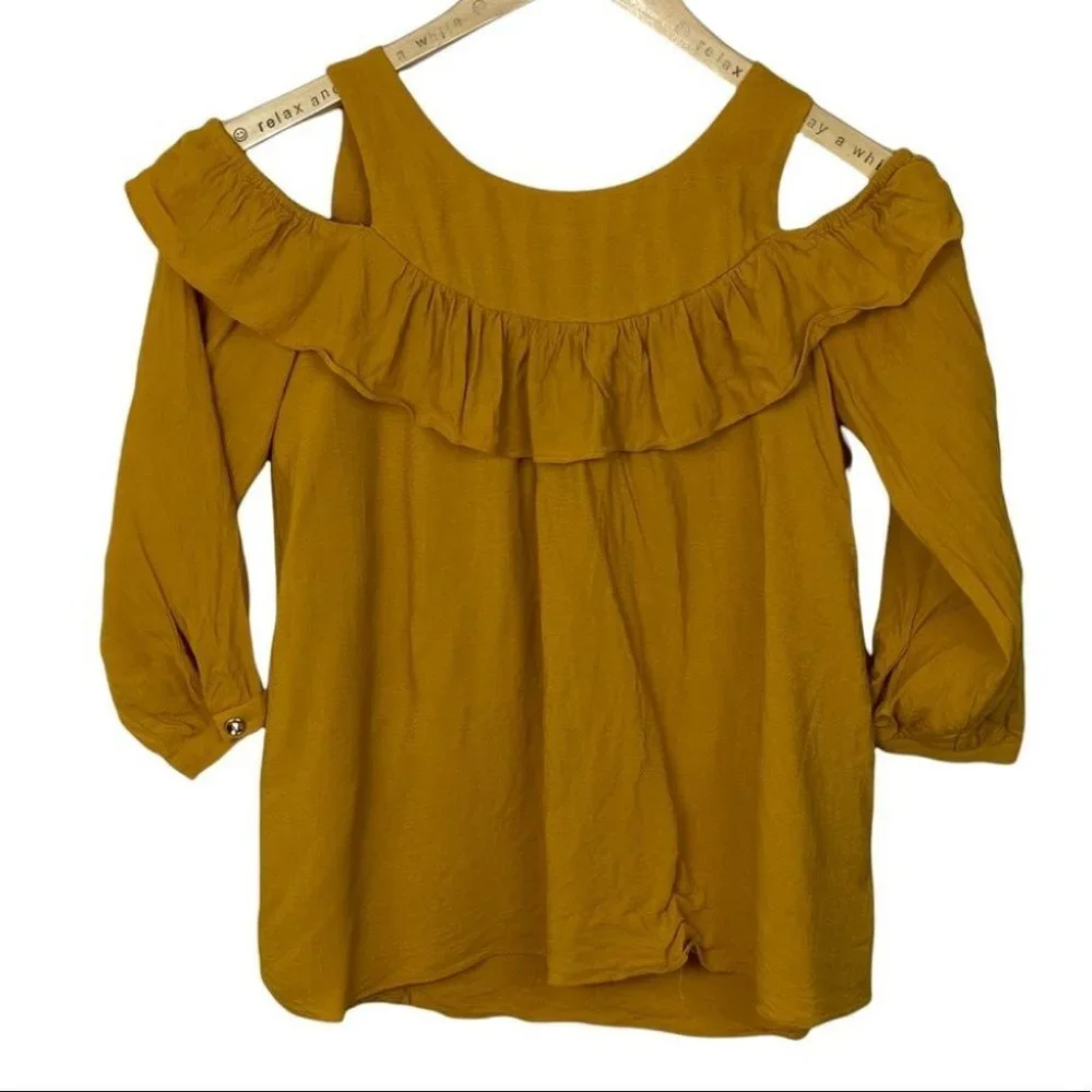 Anthropologie Maeve Brearly Mustard‎ Yellow Open Shoulder Ruffle Top Size 2 Boho - Picture 3 of 15